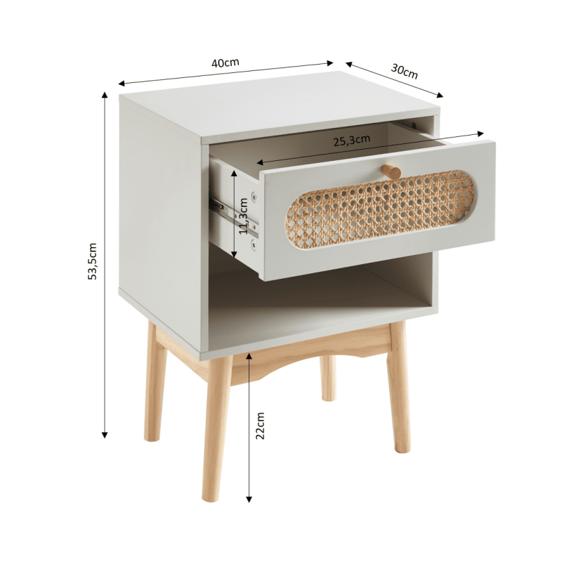 Table de chevet SIXTINE blanc et cannage rotin 40cm