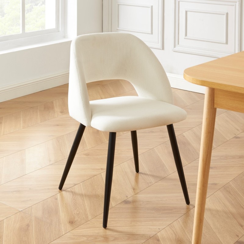 Lot de 2 chaises VINTAGE velours côtelé beige crème pieds métal noir