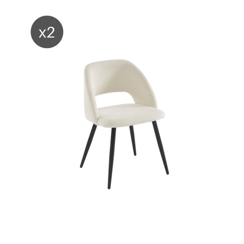 Lot de 2 chaises VINTAGE velours côtelé beige crème pieds métal noir