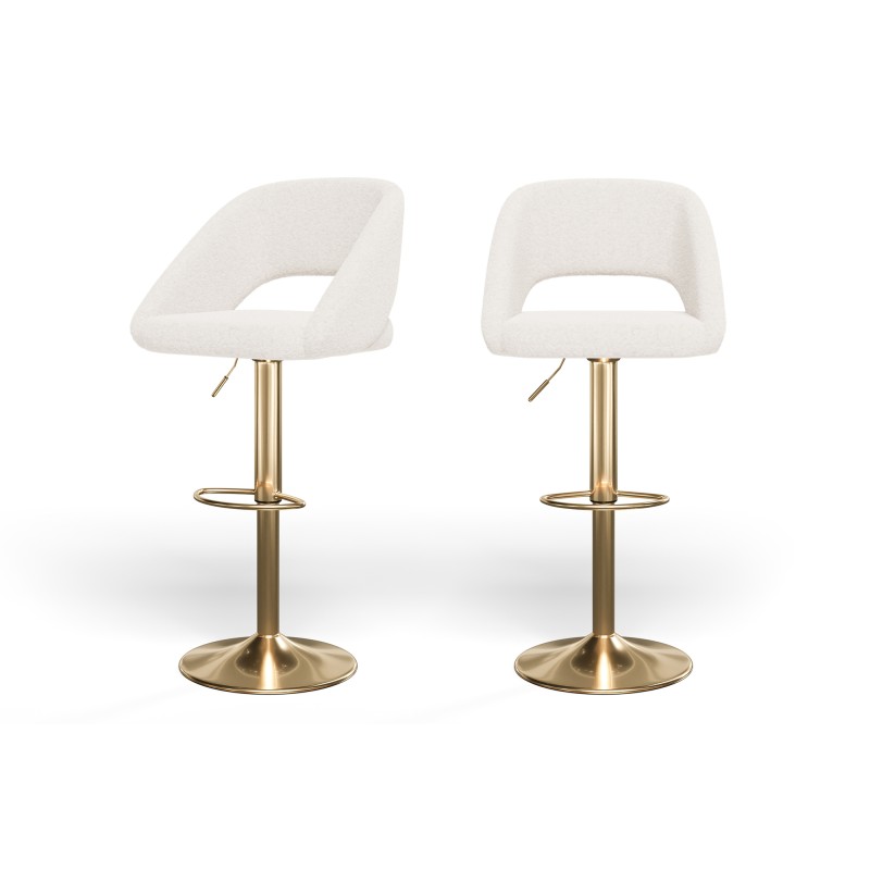 Lot de 2 tabourets de bar LENNY en tissu bouclette blanc piètement en métal doré