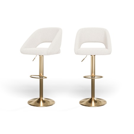 Lot de 2 tabourets de bar LENNY en tissu bouclette blanc piètement en métal doré