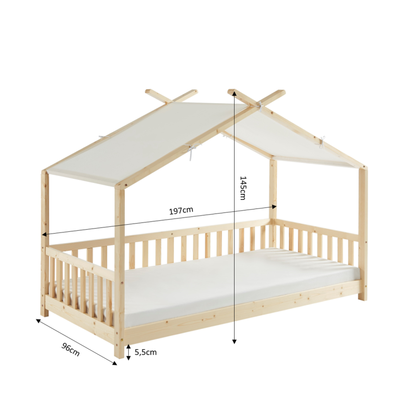 Lit tente TINY pin massif 90x190 sommier et barrières inclus
