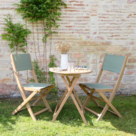 Ensemble table et chaises de jardin RIMINI en bois d'acacia et textilène vert kaki