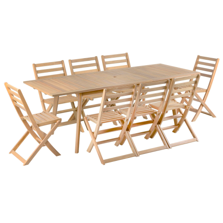 Ensemble table et 8 chaises MOLA extensible 160/220cm en bois d'acacia