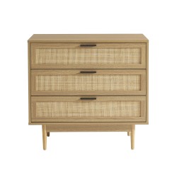 Commode AMANA effet chêne et cannage rotin 3 tiroirs 80cm
