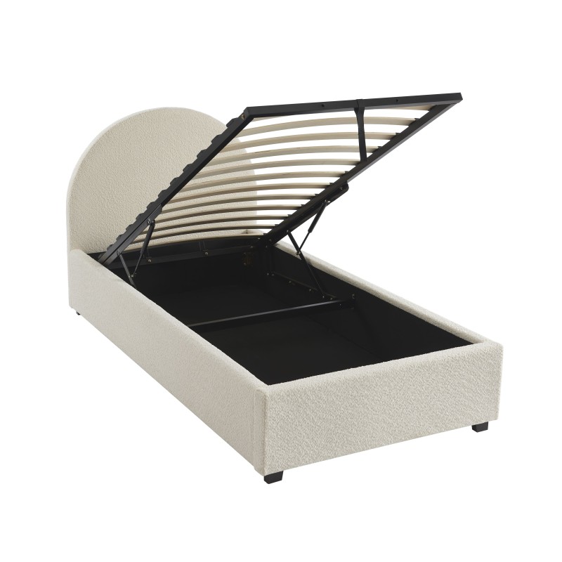 Lit coffre OLAF tissu bouclette écru 90x190 sommier inclus