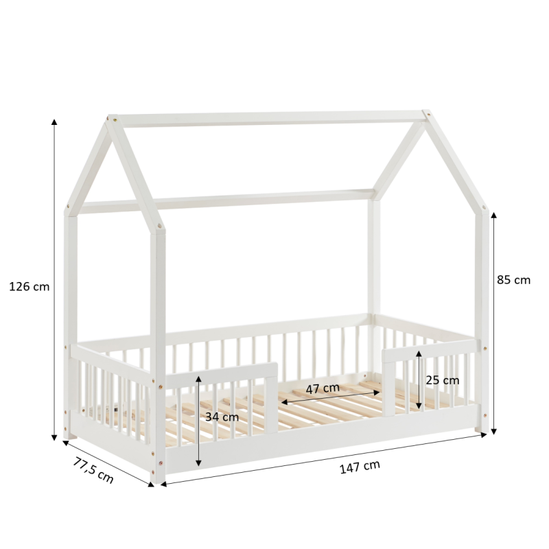 Lit cabane avec barrières TINY pin massif blanc 70x140cm sommier inclus + tiroir