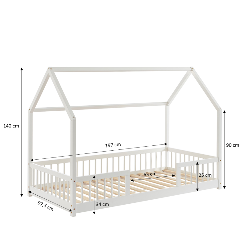 Lit cabane avec barrières TINY pin massif blanc 90x190cm sommier inclus + tiroir