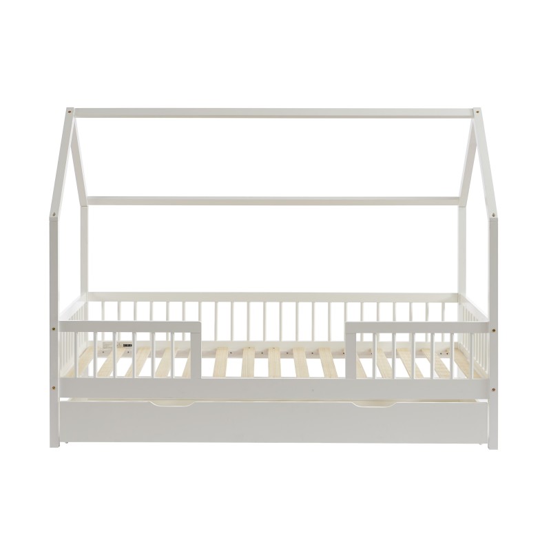 Lit cabane avec barrières TINY pin massif blanc 90x190cm sommier inclus + tiroir