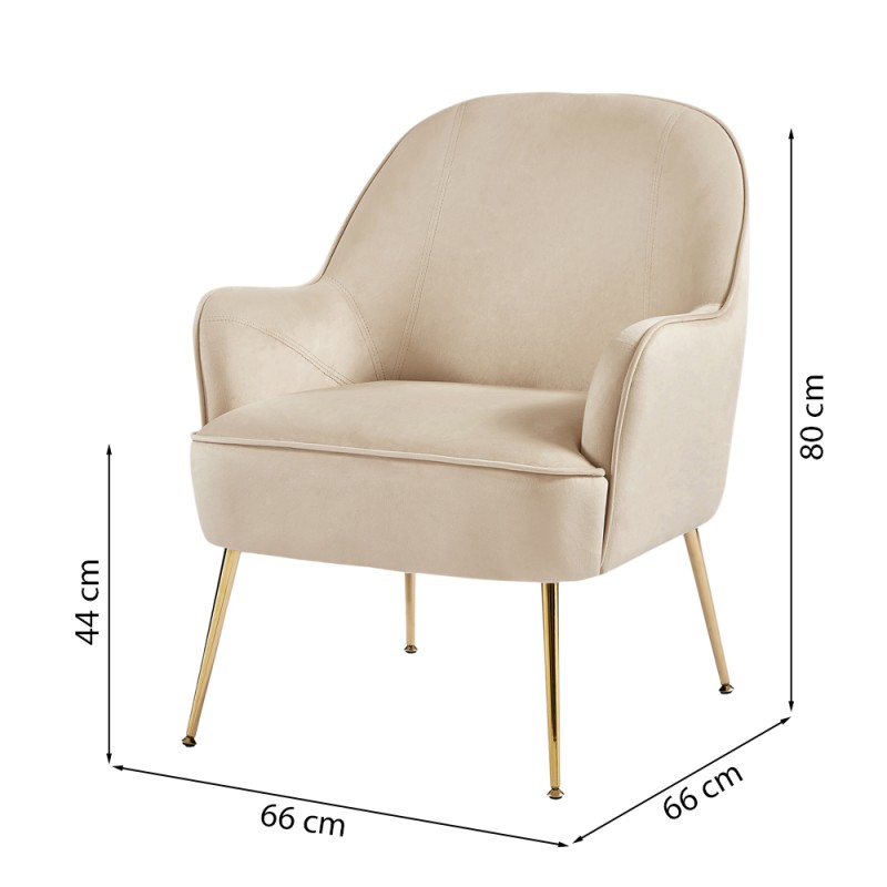 Fauteuil MARCELINO en velours beige avec piètement doré