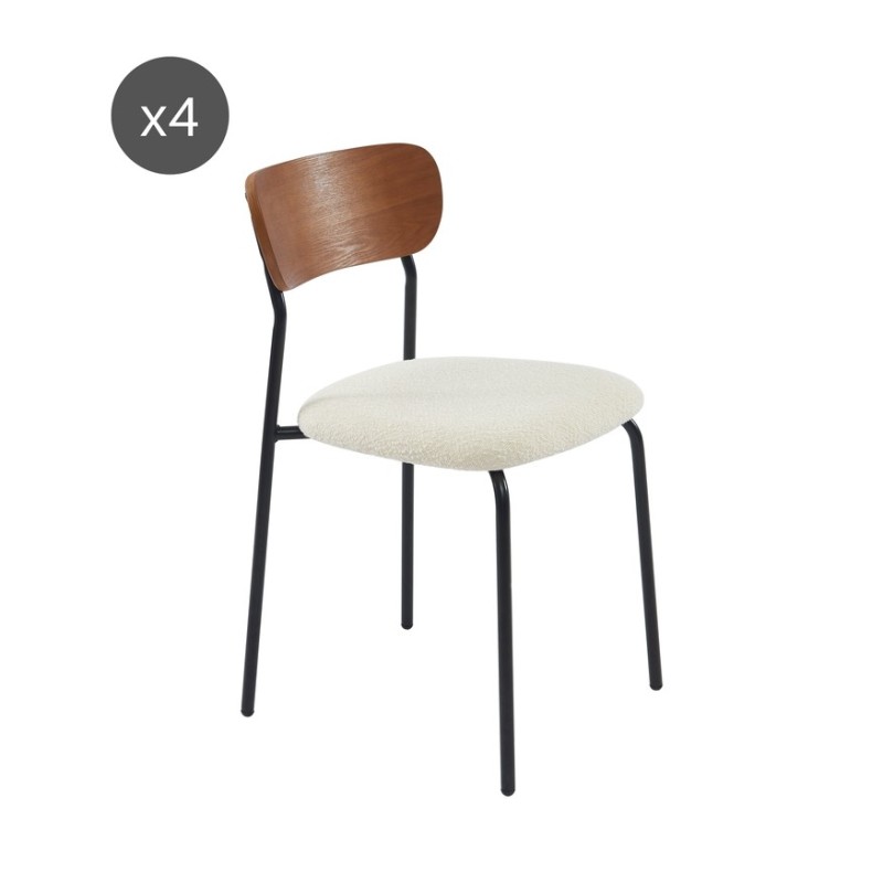 Lot de 4 chaises empilables FRIDA bouclette écrue et métal noir