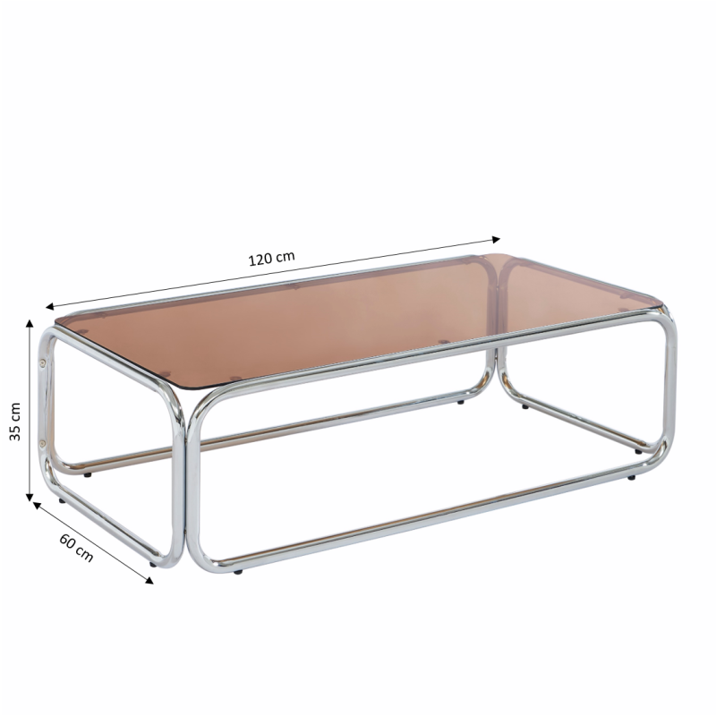 Table basse MAGGY verre trempé orange foncé structure en chrome