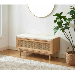 Banc à chaussures LEON placage chêne et cannage rotin 100cm