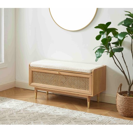 Banc à chaussures LEON placage chêne et cannage rotin 100cm