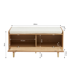 Banc à chaussures LEON placage chêne et cannage rotin 100cm