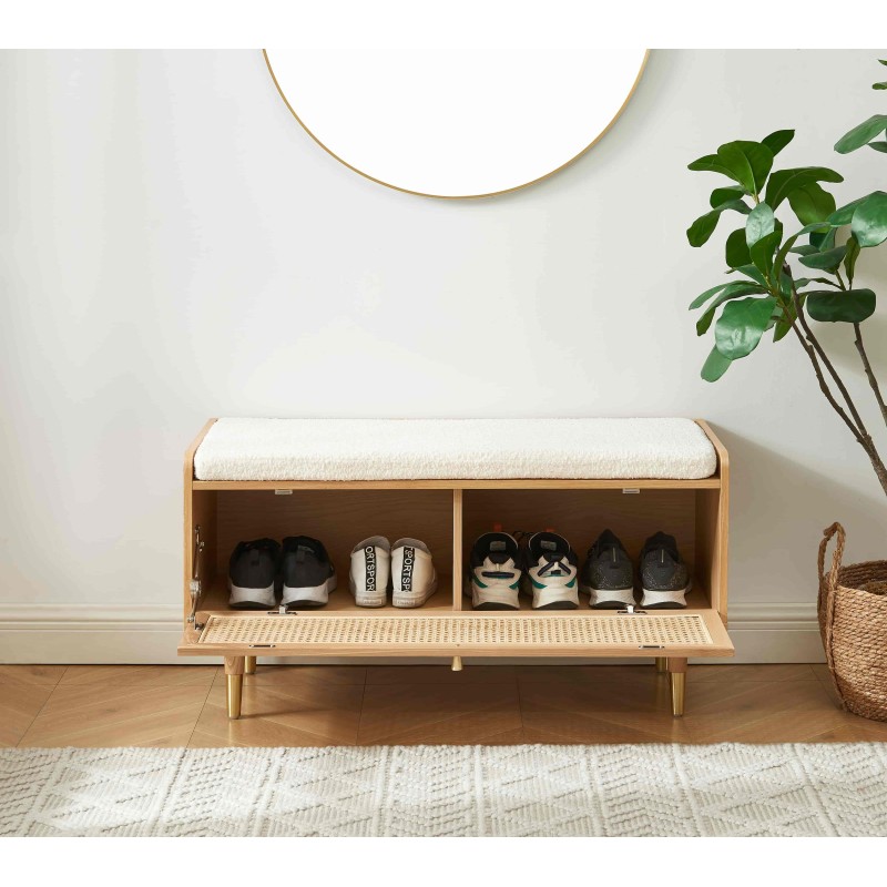 Banc à chaussures LEON placage chêne et cannage rotin 100cm