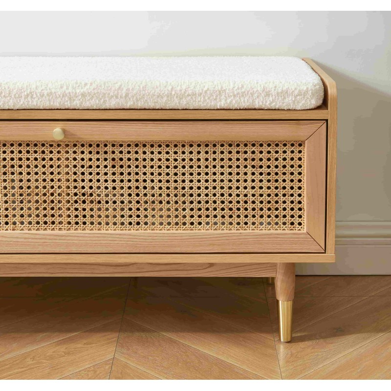 Banc à chaussures LEON placage chêne et cannage rotin 100cm