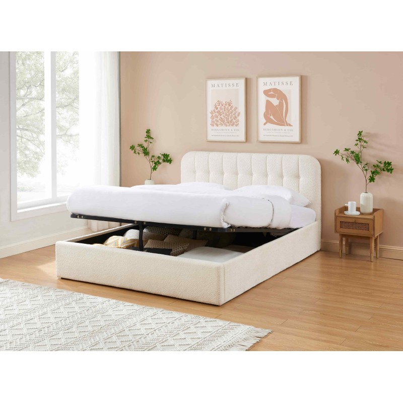 Lit coffre ANDRE tissu bouclettes écru 160x200 sommier inclus