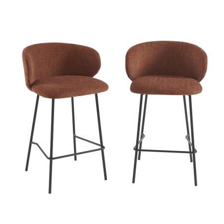 Lot de 2 tabourets CASSIE tissu chenille terracotta et pieds métal noir