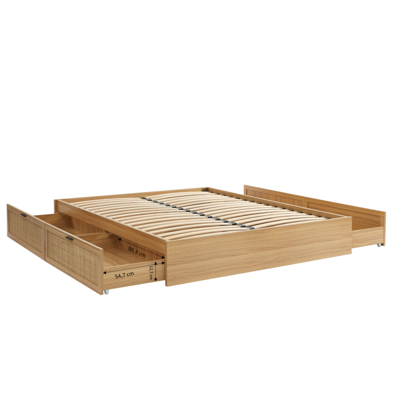 Cadre de lit à tiroirs AMANA cannage rotin 160x200 sommier inclus