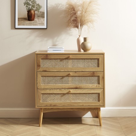 Commode INES effet chêne et cannage rotin 3 tiroirs 80cm