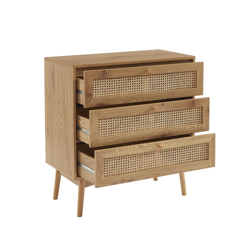 Commode INES effet chêne et cannage rotin 3 tiroirs 80cm