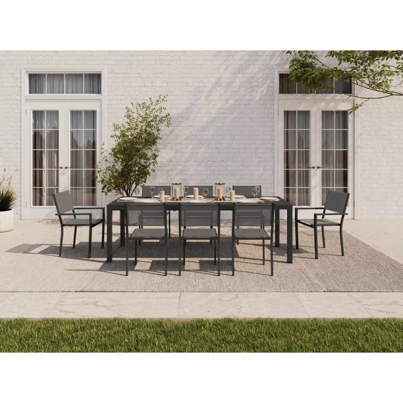 Ensemble repas DINA gris foncé 8 places en aluminium avec table extensible