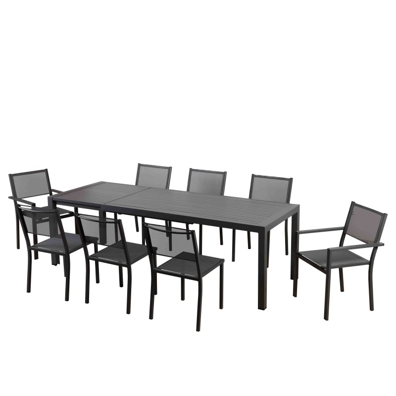 Ensemble repas DINA gris foncé 8 places en aluminium avec table extensible