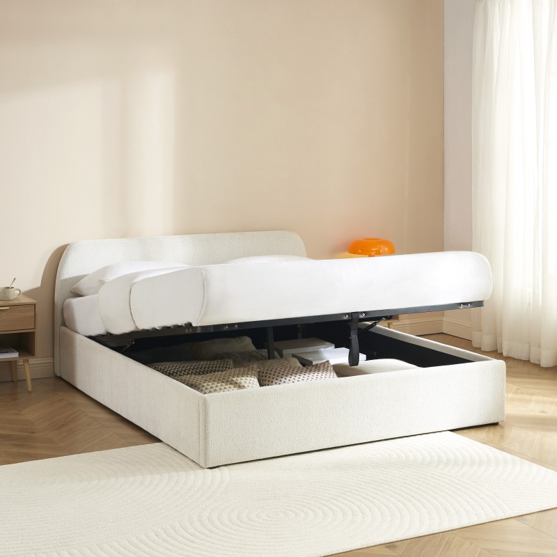 Lit coffre GELA tissu chenille blanc 160x200 sommier inclus