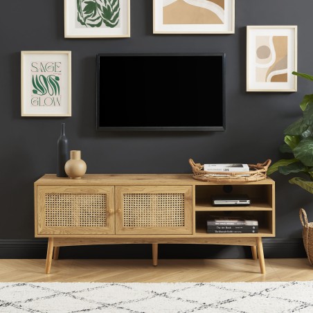 Meuble tv INES effet chêne et cannage rotin 140cm