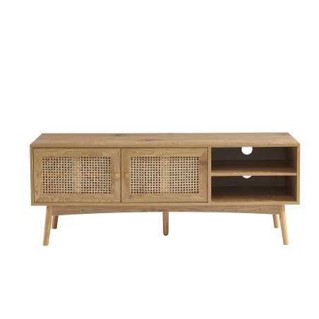 Meuble tv INES effet chêne et cannage rotin 140cm