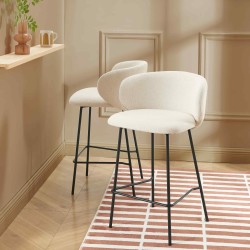 Lot de 2 tabourets CASSIE tissu chenille écru et pieds métal noir