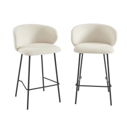 Lot de 2 tabourets CASSIE tissu chenille écru et pieds métal noir
