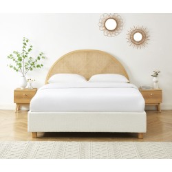 Lit coffre TSUKI bouclette écru et cannage sommier 160x200 inclus