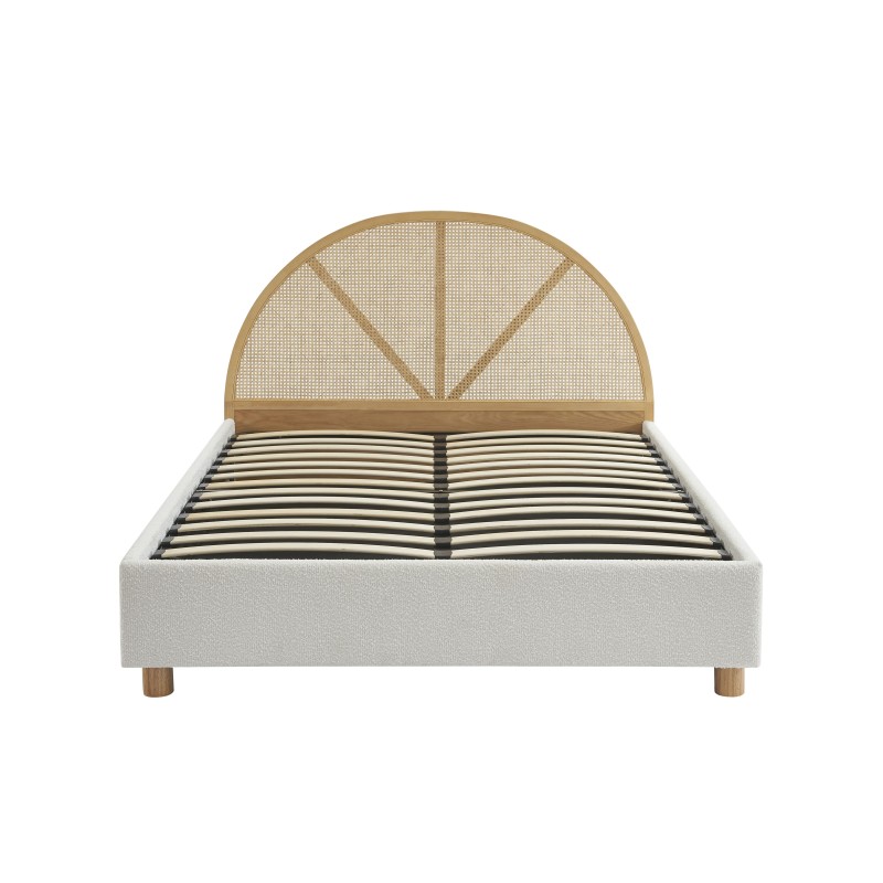 Lit coffre TSUKI bouclette écru et cannage sommier 160x200 inclus
