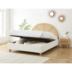 Lit coffre TSUKI bouclette écru et cannage sommier 160x200 inclus