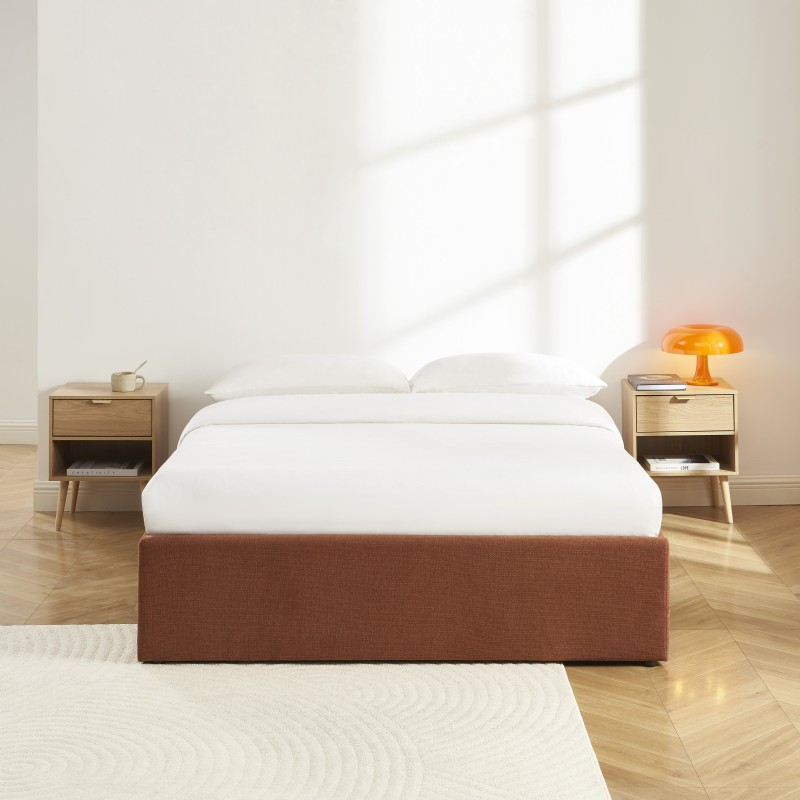 Lit coffre MARCY tissu chenille terracotta 140x190 sommier inclus