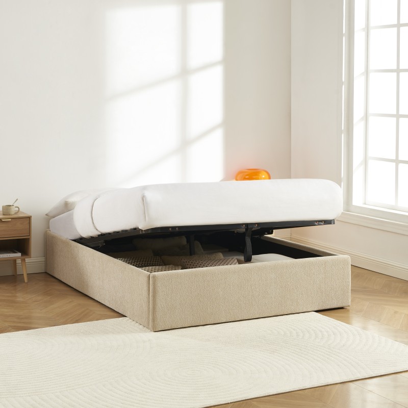 Lit coffre MARCY tissu chenille grege 140x190 sommier inclus