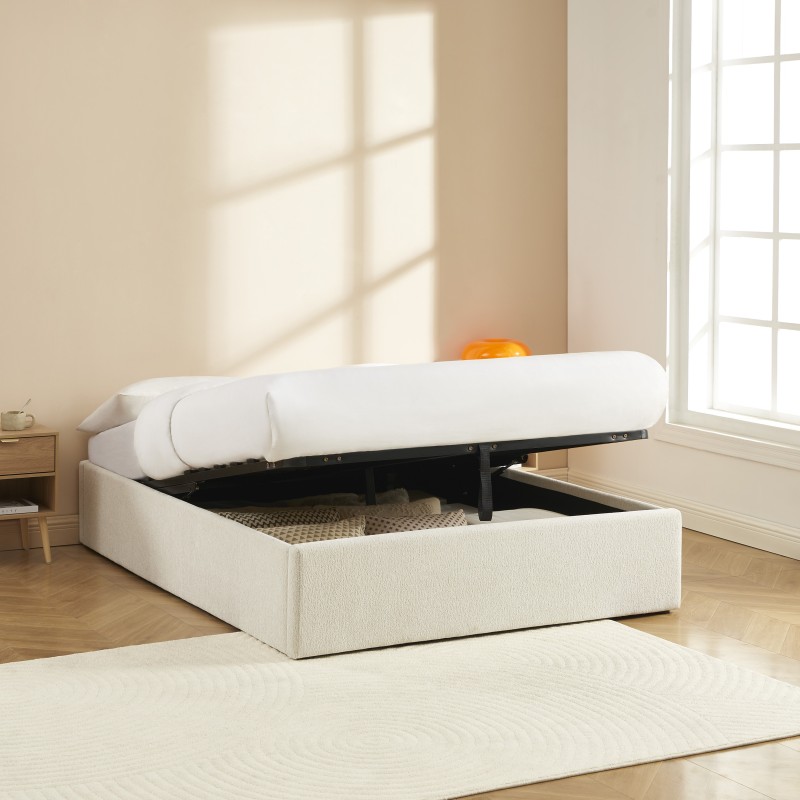 Lit coffre MARCY tissu chenille beige 140x190 sommier inclus