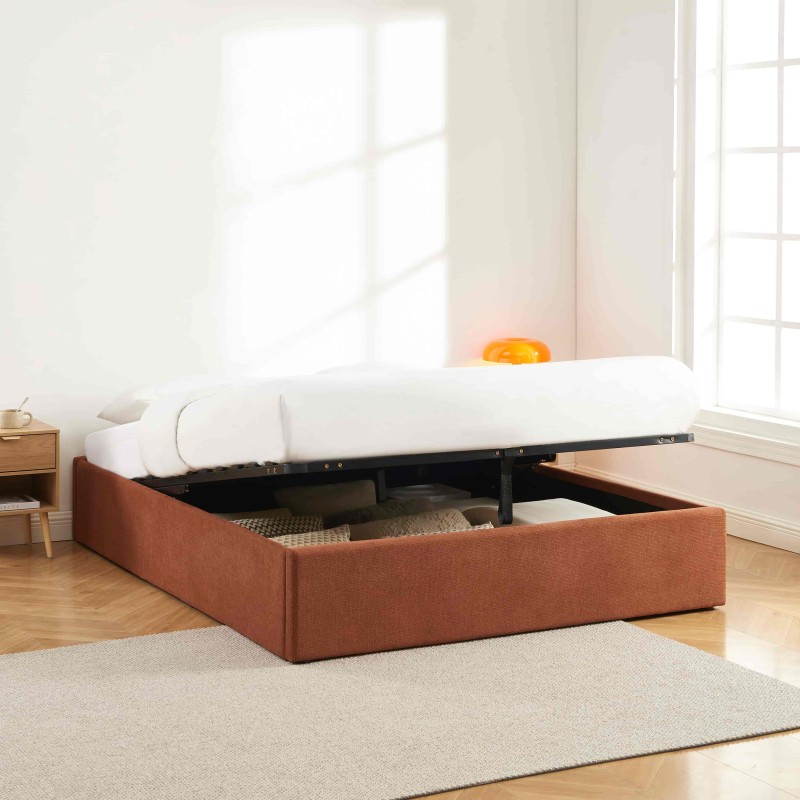 Lit coffre MARCY tissu chenille terracotta 160x200 sommier inclus