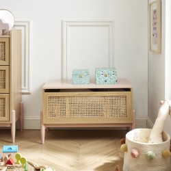 Coffre à jouet PABLO rose et cannage rotin