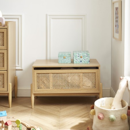 Coffre à jouet PABLO effet chêne et cannage rotin