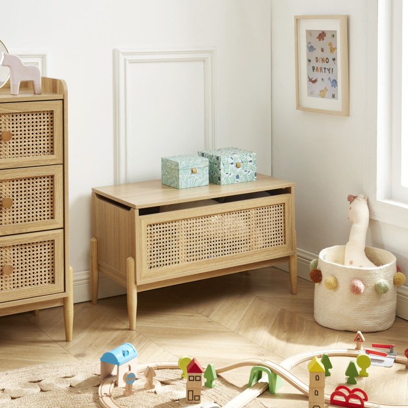 Coffre à jouet PABLO effet chêne et cannage rotin