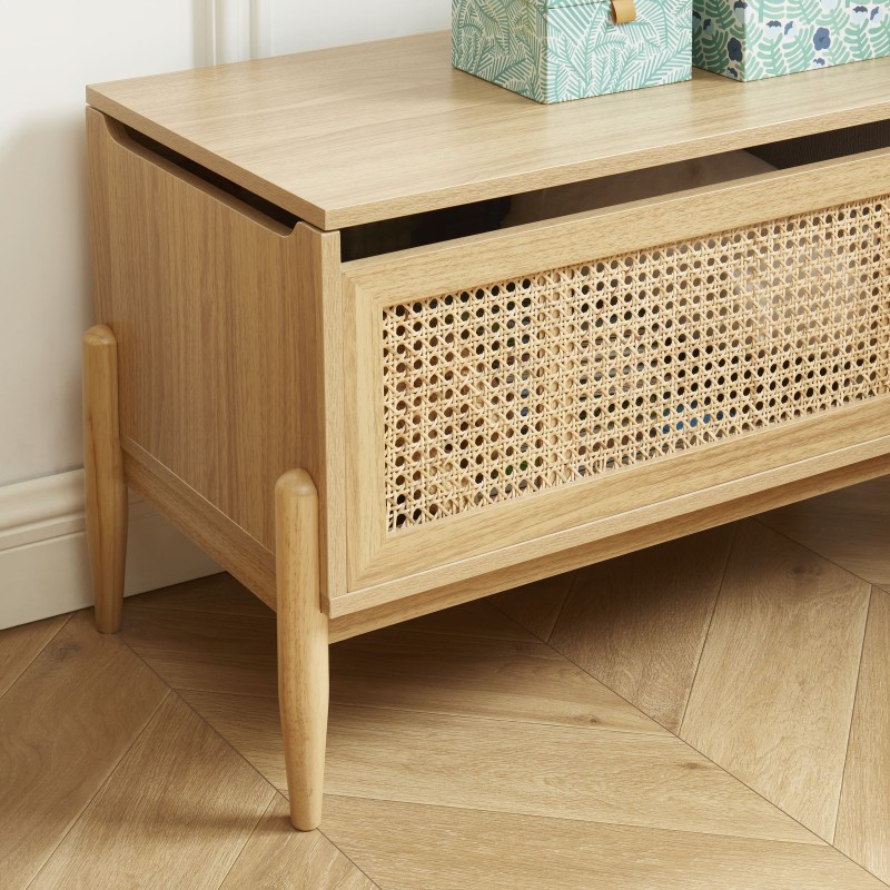 Coffre à jouet PABLO effet chêne et cannage rotin