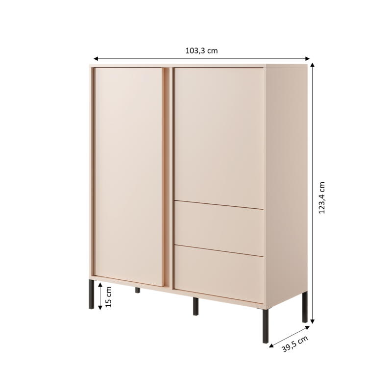 Buffet haut HULDA beige 2 portes 2 tiroirs 104cm