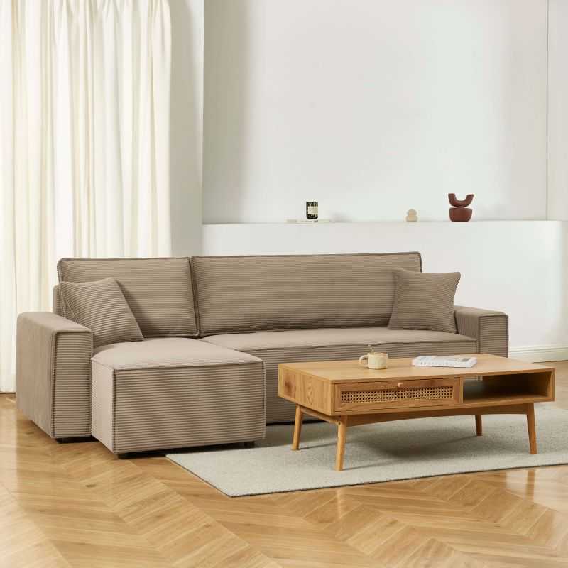 Canapé d'angle convertible et réversible 4 places ZOLA velours côtelé grège