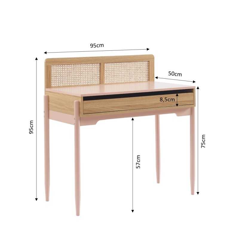 Bureau enfant PABLO rose et cannage rotin 95cm