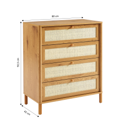 Commode HAIDA 4 tiroirs effet chêne et cannage rotin 42cm
