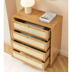 Commode HAIDA 4 tiroirs effet chêne et cannage rotin 42cm