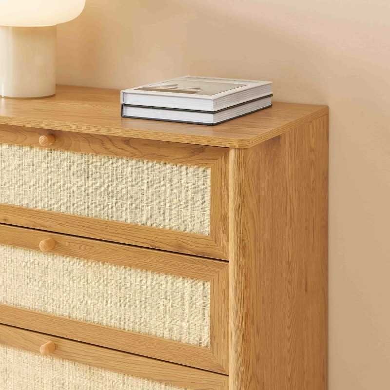 Commode HAIDA 4 tiroirs effet chêne et cannage rotin 42cm